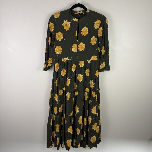 Madewell Effie Floral Tiered Midi Dress XS Dried Olive Button Front Boho Fal - Picture 2 of 8